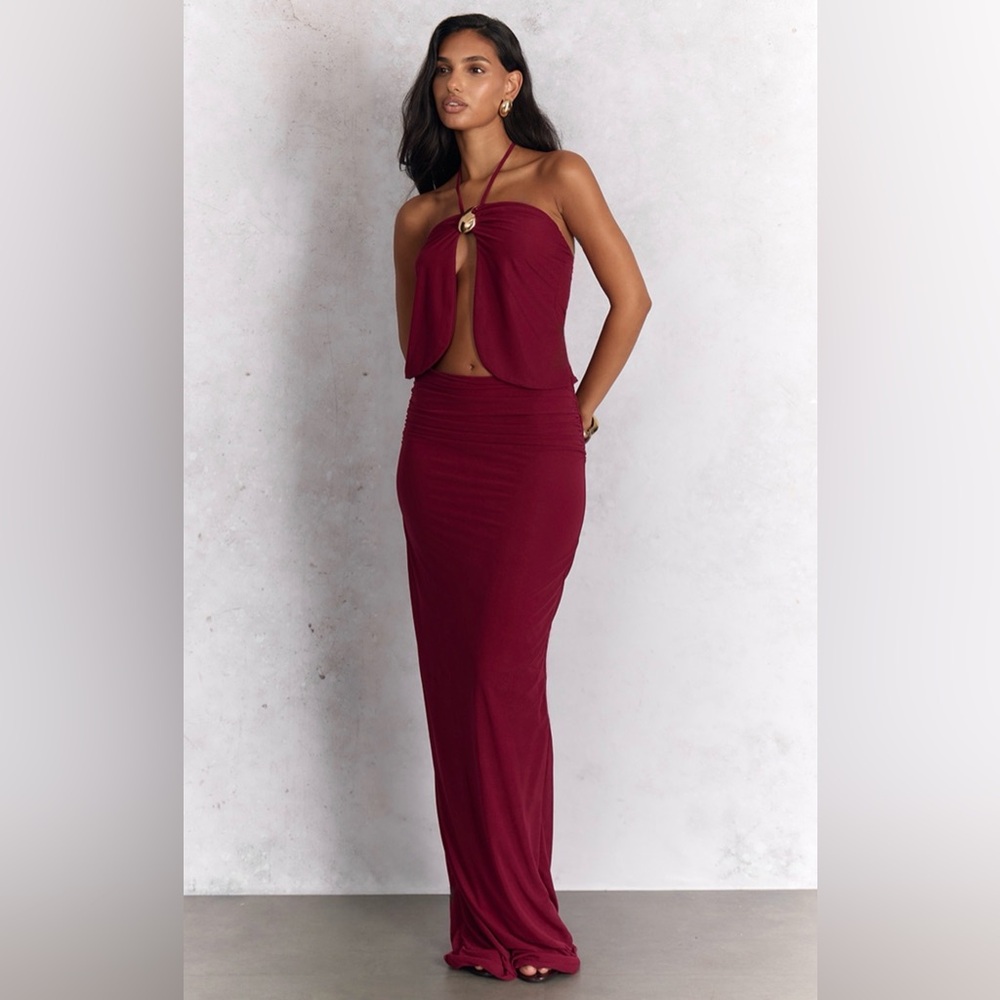 PrettyLittleThing Burgundy Deep Red Stretch Ruched Maxi Skirt US 2 - Picture 1 of 5